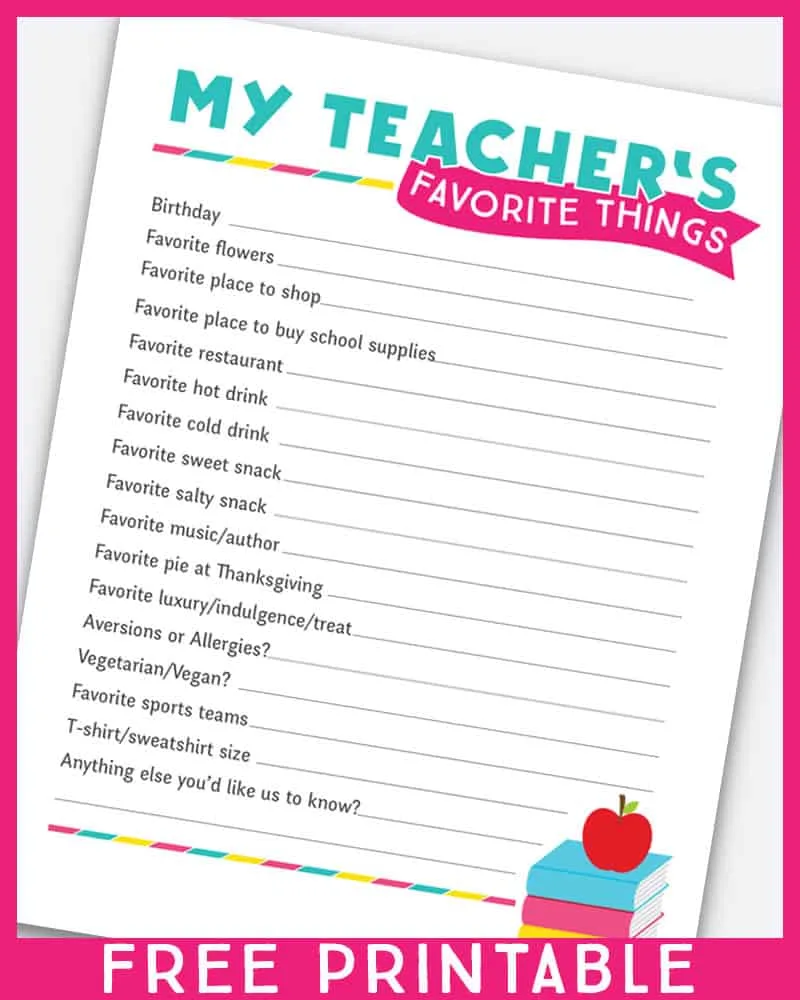 3 Teacher Favorite Things Printable Questionnaires for Teacher Gifts ...