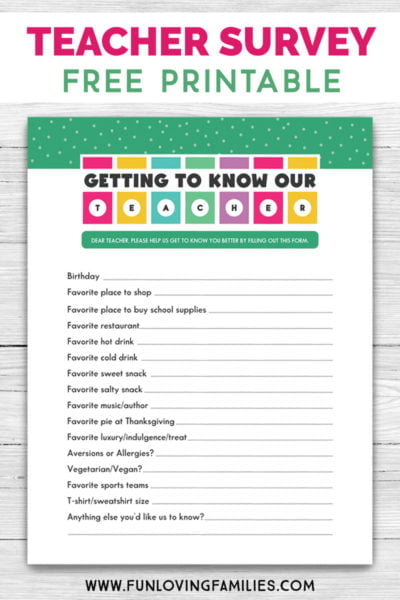 3 Teacher Favorite Things Printable Questionnaires for Teacher Gifts ...