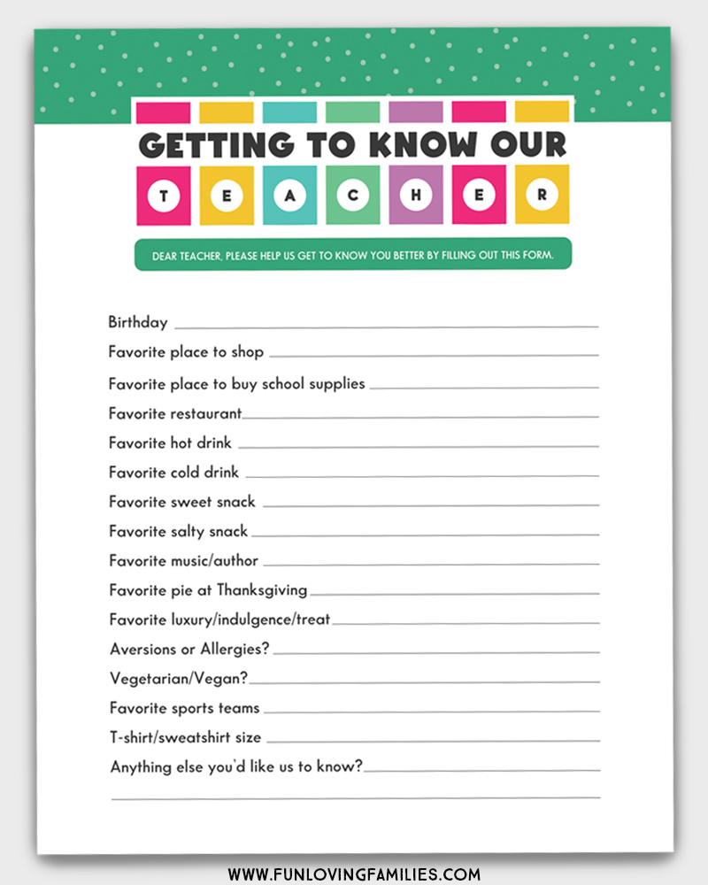 Teacher Favorite Things Printable Questionnaires For Teacher Gifts Fun Loving Families