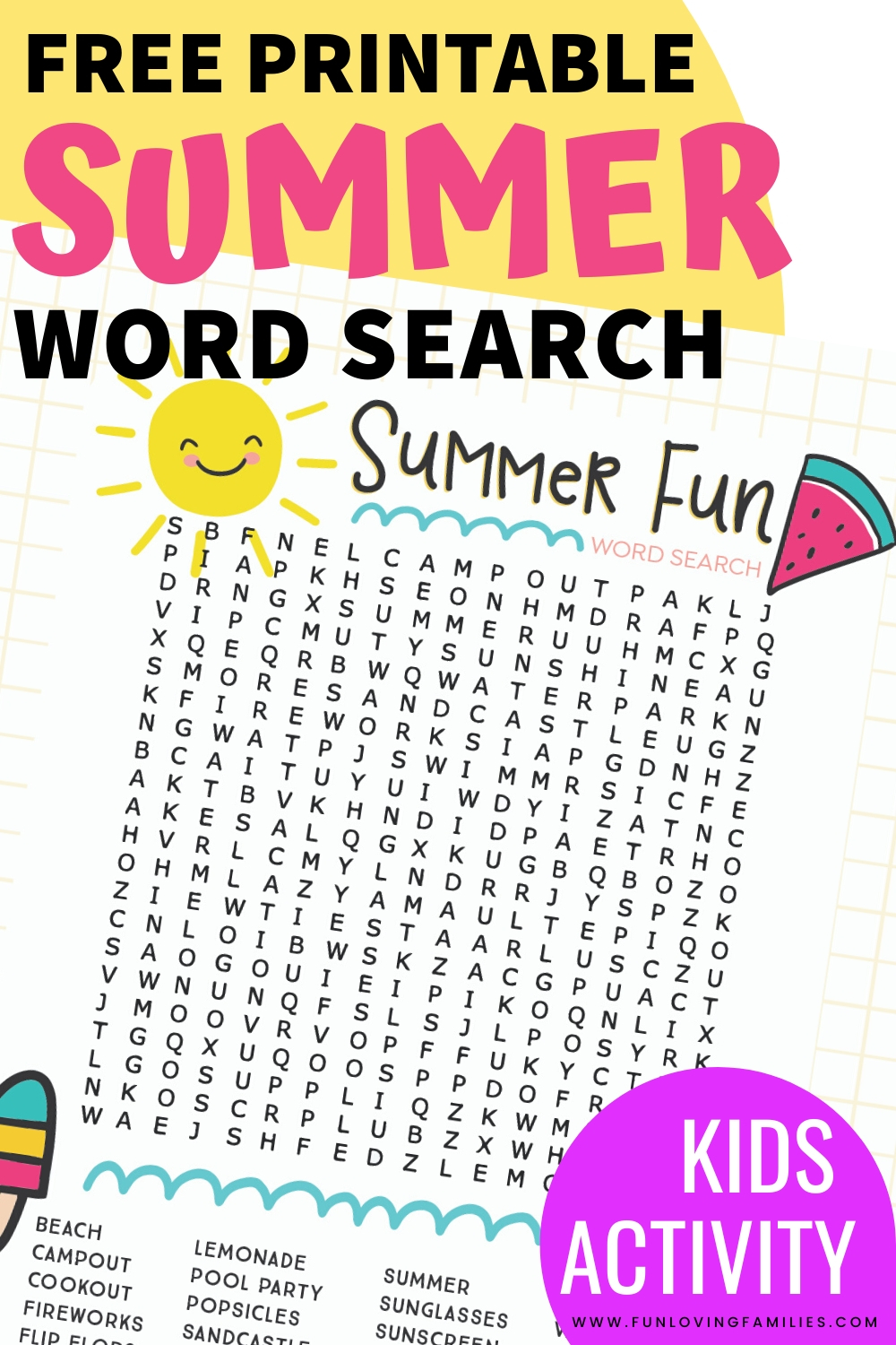 kids summer word search printable