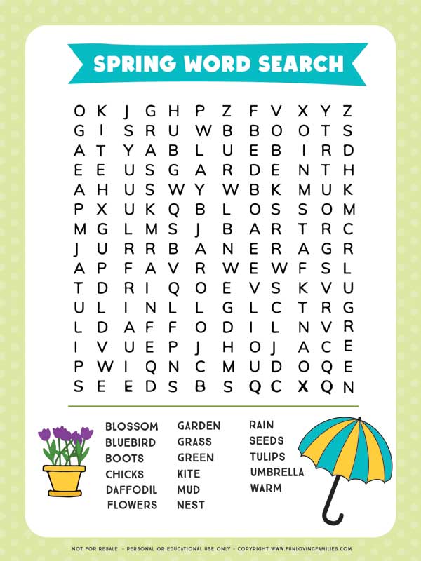spring word search free printable activity sheet for kids fun loving families